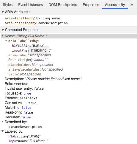 Chrome Geliştirici Araçları aria-labelledby ve aria-describedby ile girdi erişilebilir ismini gösteriyor