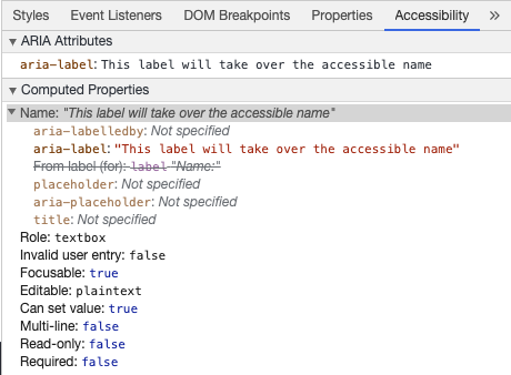 Chrome Geliştirici Araçları aria-labelden gelen girdi erişilebilir ismini gösteriyor