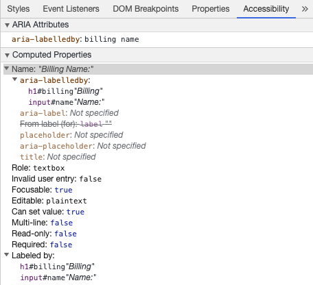 Chrome Geliştirici Araçları aria-labelledby&#39;den gelen girdi erişilebilir ismini gösteriyor