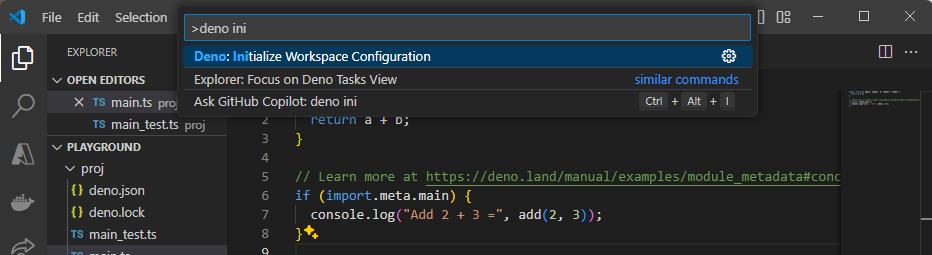 Deno: Çalışma Alanı Yapılandırmasını Başlat seçeneğinin seçili olduğu VSCode komut paleti.